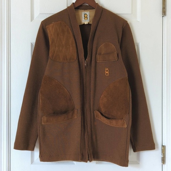 Bob Allen 60's Vintage Suede Patch Zip Up Shooting Cardigan Sweater Brown 38 - Picture 1 of 14